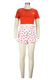 Tangerine Red Fashion Casual Lips Printed Patchwork O Neck Short Sleeve Two Pieces