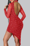 Rode sexy effen patchwork kralen asymmetrische halve col onregelmatige jurk jurken
