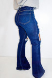 Deep Blue Fashion Casual Solid High Waist Regular Ripped Denim Jeans