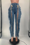 Голубые модные повседневные однотонные узкие джинсы с кисточками в стиле пэчворк и высокой талией