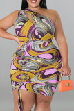 Purple Sexy Print Hollowed Out Draw String Frenulum Backless One Shoulder Sleeveless Dress Plus Size Dresses
