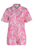 ピンクファッションカジュアルプリントベーシックターンダウンカラー半袖ツーピース