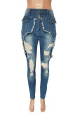 De cowboyblauwe fashion casual effen gescheurde skinny denim jeans met hoge taille en patchwork