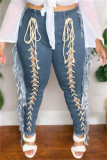 Baby Blue Fashion Casual Solid Bandage Patchwork High Waist Lace Up Tassel Skinny Denim Jeans