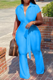 ブルー ファッション カジュアル ソリッド パッチワーク ターンダウン カラー プラス サイズ ジャンプスーツ