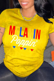 Camisetas con cuello en O básicas con estampado de letras informales de moda amarilla