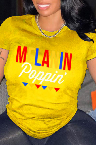 T-shirts à col rond basiques à imprimé de lettres décontractés jaunes