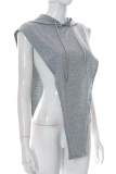 Grey Sexy Solid Draw String Hooded Collar Tops