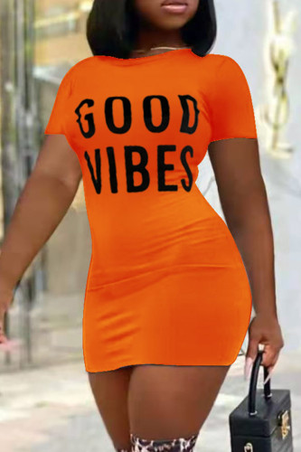 Tangerine Red Casual Street Print Patchwork O Neck Straight Dresses