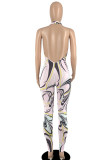 Roze Sexy Print Patchwork Backless Halter Skinny Jumpsuits