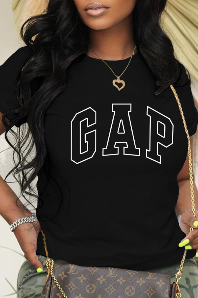 

Black Fashion Casual Print Letter O Neck T-Shirts