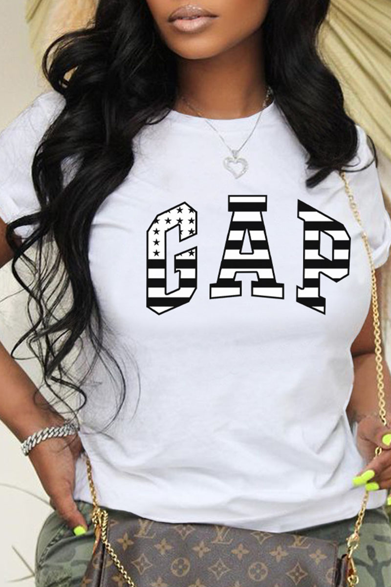 

White Fashion Casual Print Letter O Neck T-Shirts