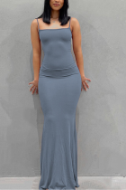 ブルーのセクシーなソリッドパッチワークスパゲッティストラップトランペットマーメイドドレス