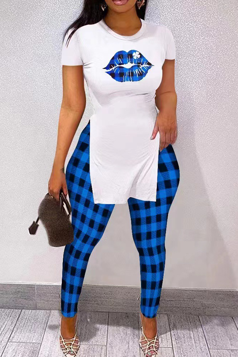 

Blue Casual Print Slit Letter O Neck Long Sleeve Two Pieces