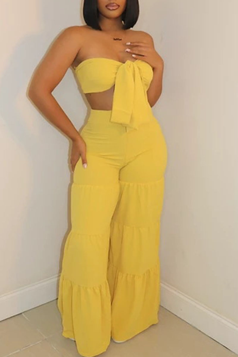 

Yellow Sexy Solid Bandage Split Joint Fold With Bow Strapless Sleeveless Two Pieces