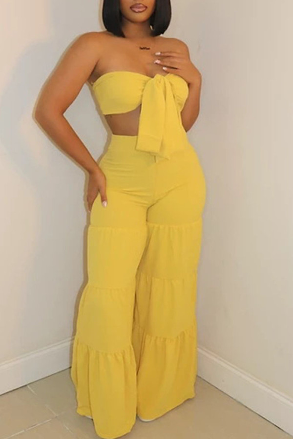 Yellow Sexy Solid Bandage Patchwork Fold With Bow Strapless Sleeveless Two Pieces