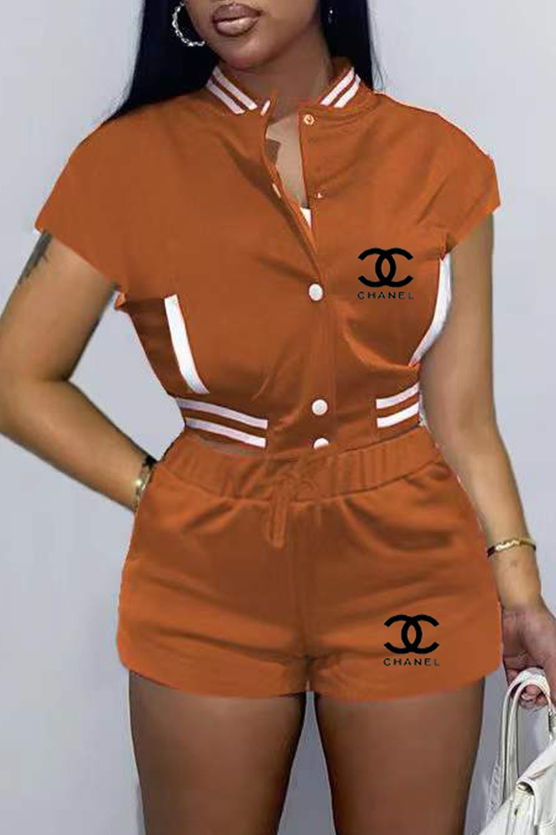 Brown Fashion Casual Print Letter Mandarin Collar Short Sleeve Two Pieces