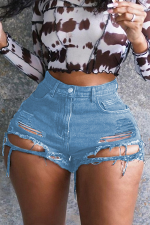 Blue Casual Solid High Waist Skinny Hot Pant Tassel Ripped Denim Shorts