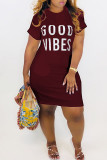 Burgundy Casual Print Patchwork O Neck Straight Plus Size Dresses