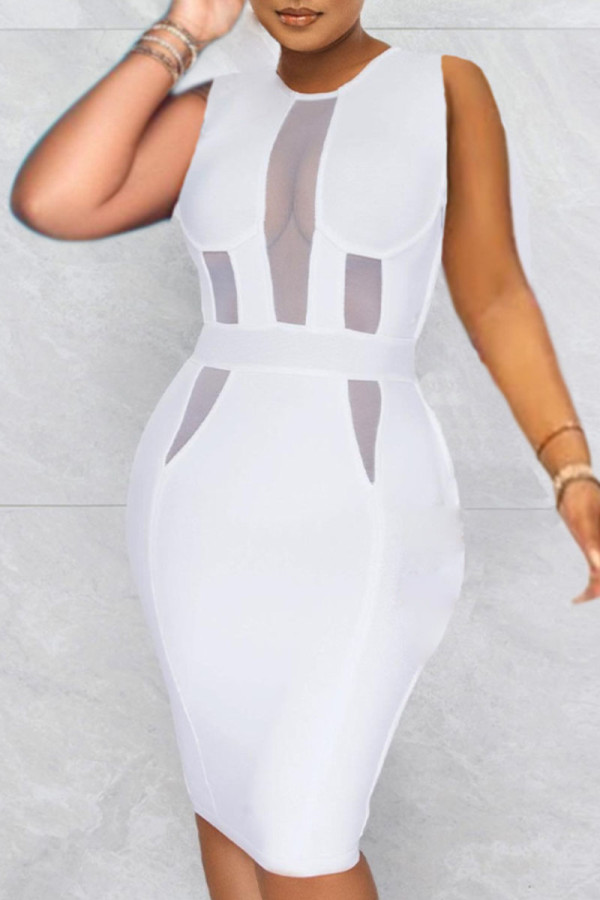Белые элегантные однотонные прозрачные платья в стиле пэчворк с круглым вырезом