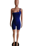 Royal Blue Sexy Solid Patchwork Oblique Collar Skinny Rompers