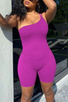 Purple Sexy Solid Patchwork Oblique Collar Skinny Rompers