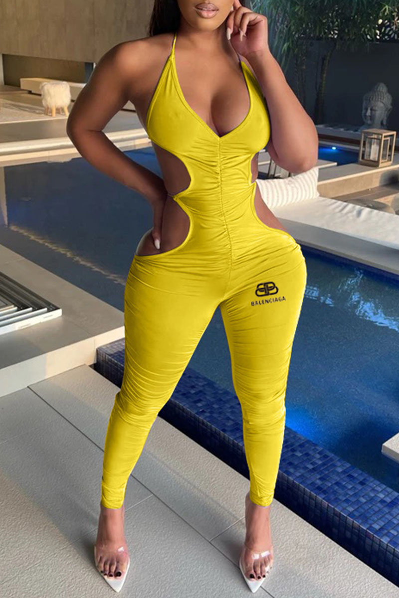 

Yellow Fashion Sexy Print Fold V Neck Jumpsuits