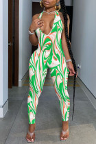 Grüner, sexy, bedruckter, rückenfreier Neckholder-Skinny-Jumpsuit mit Patchwork-Print