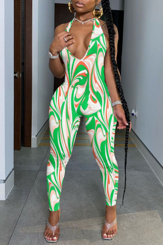 Green Sexy Print Split Joint Backless Halter Skinny Jumpsuits
