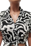 Powder White Casual Print Split Joint Buckle Turndown Collar Short Sleeve Two Pieces