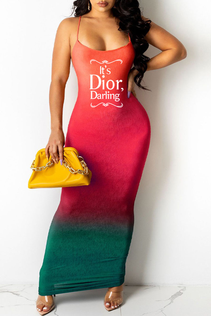 

Red Fashion Sexy Print Backless Letter Spaghetti Strap One Step Skirt Dresses