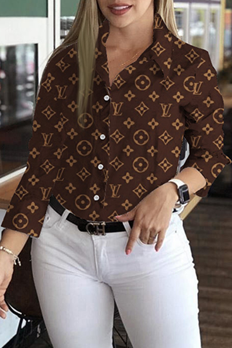 

Brown Fashion Sexy Print Letter Turndown Collar Tops