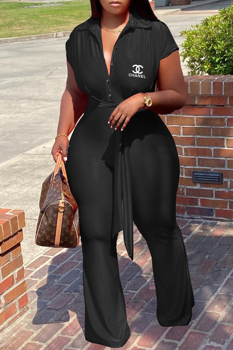 

Black Fashion Casual Print Split Joint Turndown Collar Loose Jumpsuits