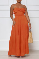 Tangerine Red Sexy Solid Bandage Patchwork Backless Stringy Selvedge Spaghetti Strap Straight Dresses