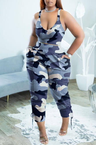 Blue Casual Print Camouflage Print Patchwork V Neck Plus Size Two Pieces