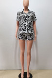Powder White Casual Print Split Joint Buckle Turndown Collar Short Sleeve Two Pieces