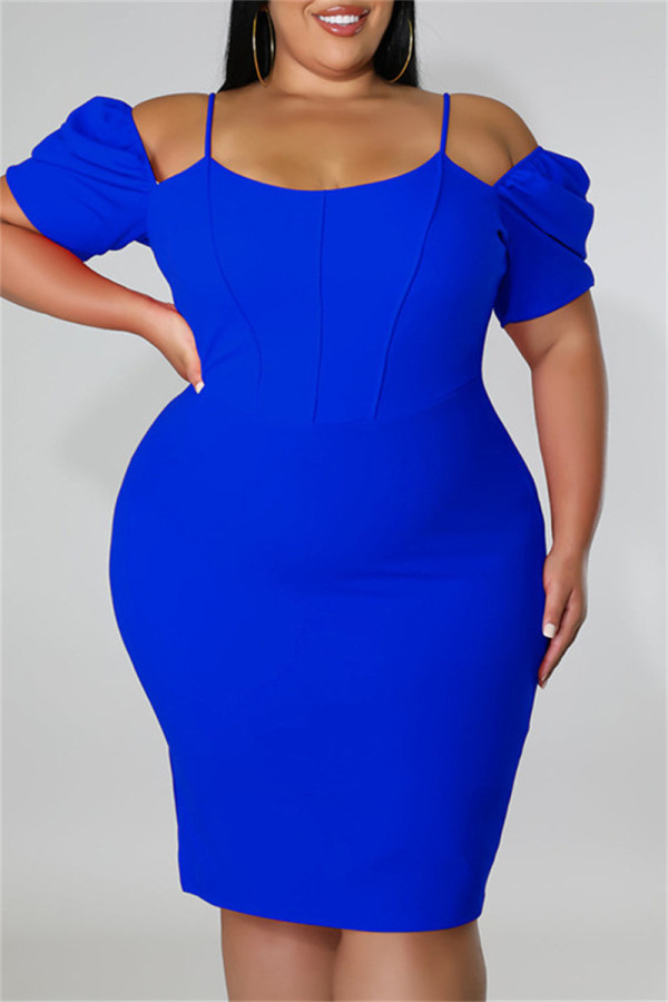 Blauwe mode casual effen patchwork off-shoulder jurk met korte mouwen plus maten jurken