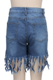 Donkerblauwe mode-casual geborduurde kwastjes patchwork hoge taille normale denim shorts