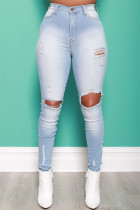 Baby Blue Fashion Casual Solid High Waist Skinny Ripped Denim Jeans
