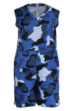 Blaue, lässige, bedruckte, Camouflage-Druck-Patchwork-Overalls mit V-Ausschnitt und Übergröße