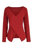 Burgundy Fashion Casual Solid Patchwork V Neck Tops