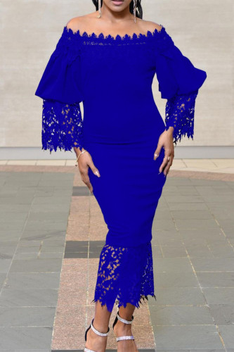 ブルー ファッション セクシー ソリッド パッチワーク オフショルダー ペンシル スカート ドレス