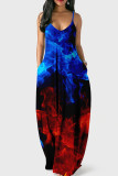 Blau Rot Fashion Sexy Print Backless Spaghetti Strap Langes Kleid