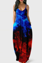 Blau Rot Fashion Sexy Print Backless Spaghetti Strap Langes Kleid