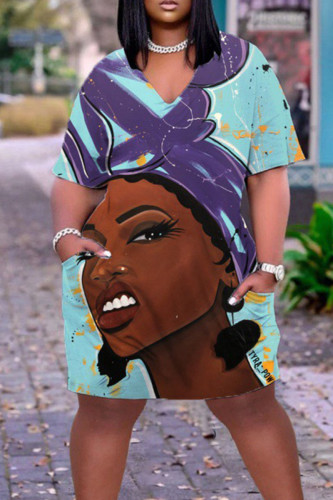 Light Blue Casual Print Patchwork V Neck Straight Dresses