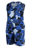 Combinaisons décontracté imprimé camouflage imprimé patchwork col en V grande taille bleu
