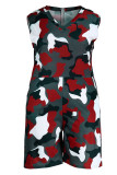 Red Casual Print Camouflage Print Patchwork V Neck Plus Size Jumpsuits