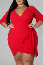 Vestidos de tamanho grande vermelho moda casual atadura sólida decote em V