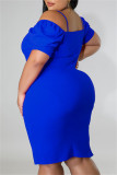 Vestido de manga corta con hombros descubiertos y parches lisos informal de moda azul Vestidos de talla grande