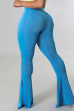 Cyan Lässige einfarbige Patchwork-Hose mit hoher Taille und Lautsprecher